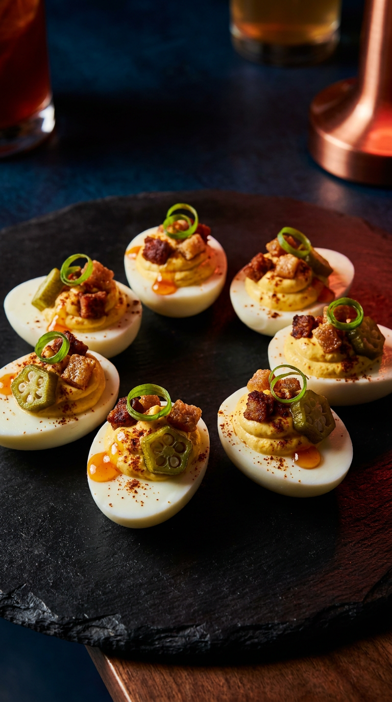 Louisiana-inspired deviled eggs topped with smoked duck, andouille, pickled okra, and herbs on a dark plate