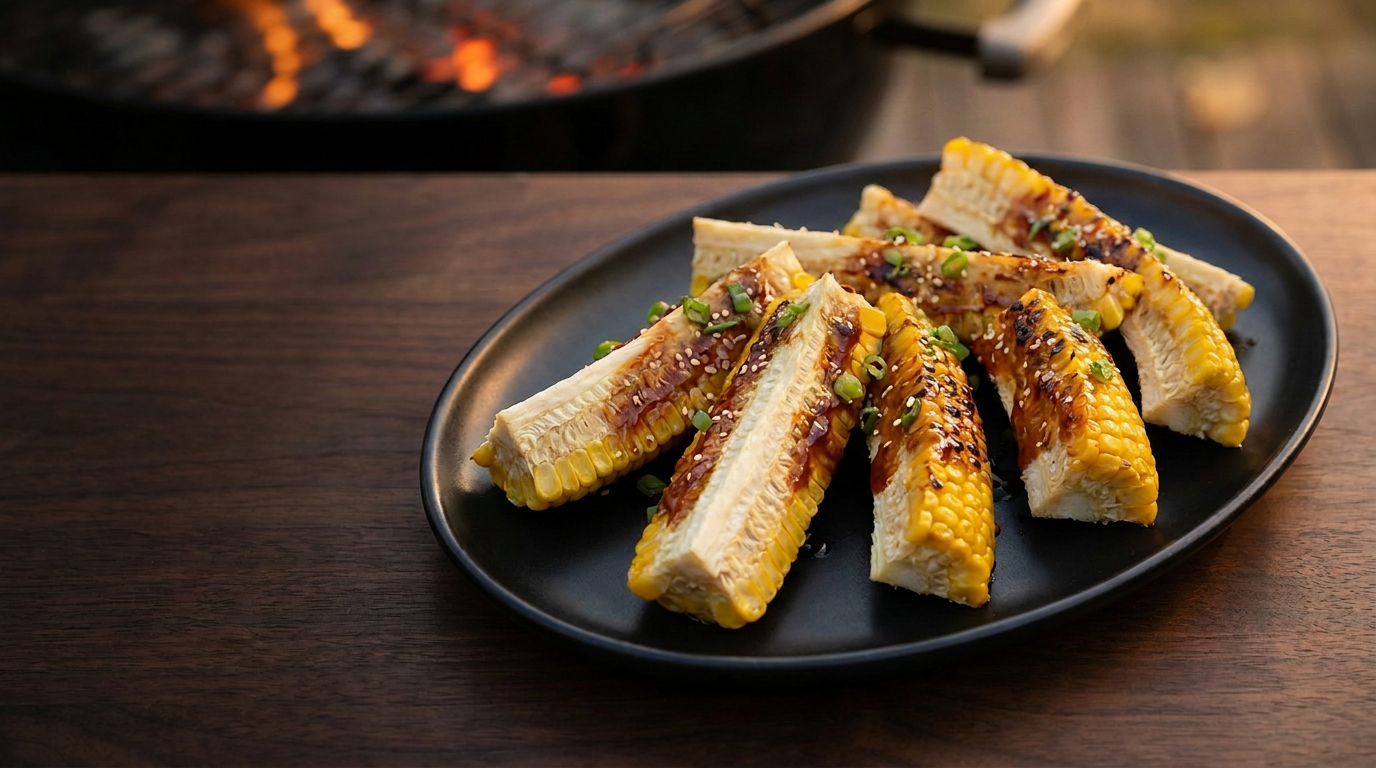 Short glazed barbecue corn ribs with exposed pale cob, charred kernels, scallions, and sesame on a black platter