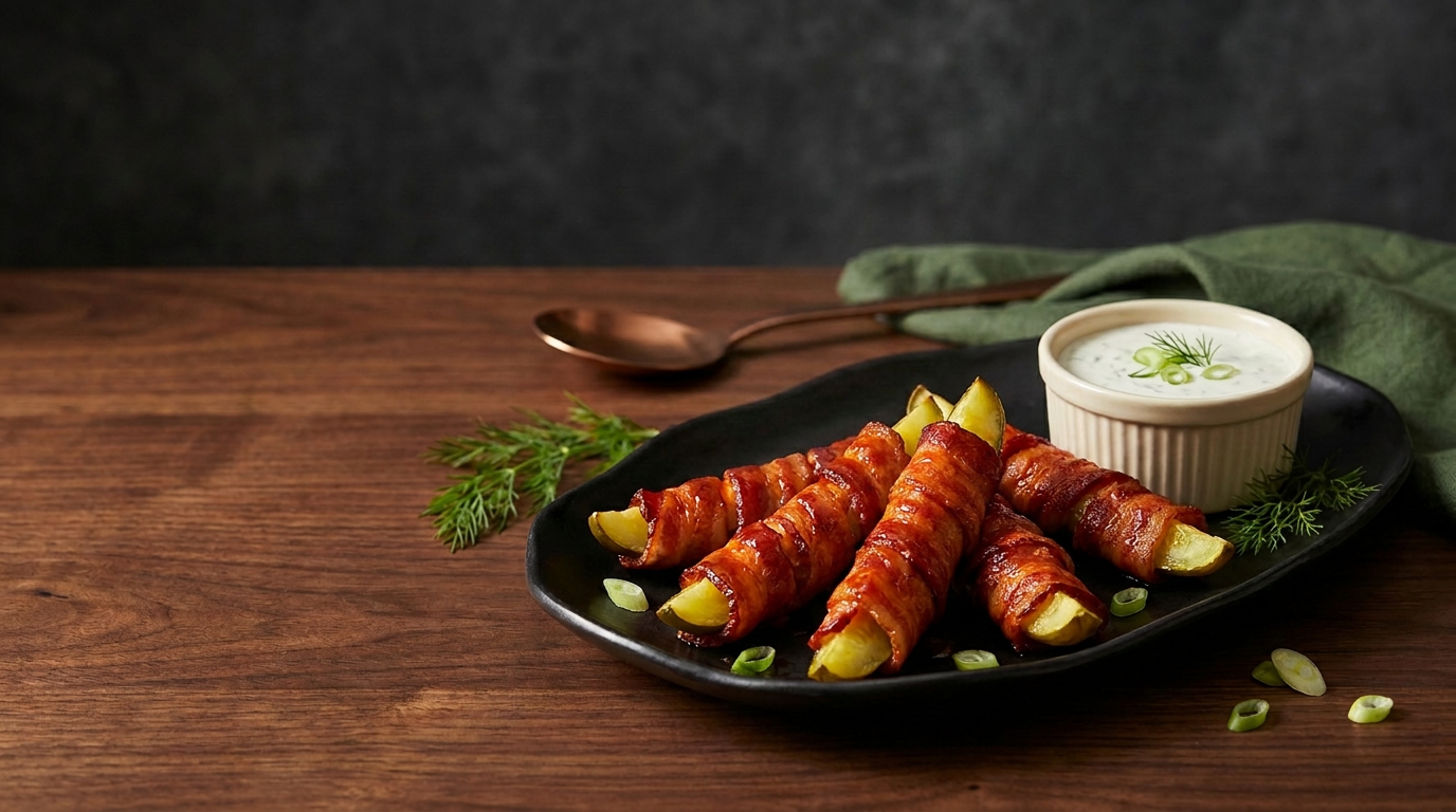 Six Buffalo-glazed bacon-wrapped dill pickle spears with ranch dip on a dark platter