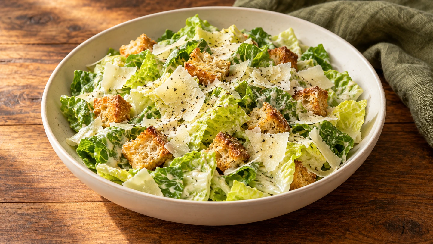 Original illustrative food image of romaine Caesar salad with pale dressing, golden croutons, shaved Parmesan and black pepper