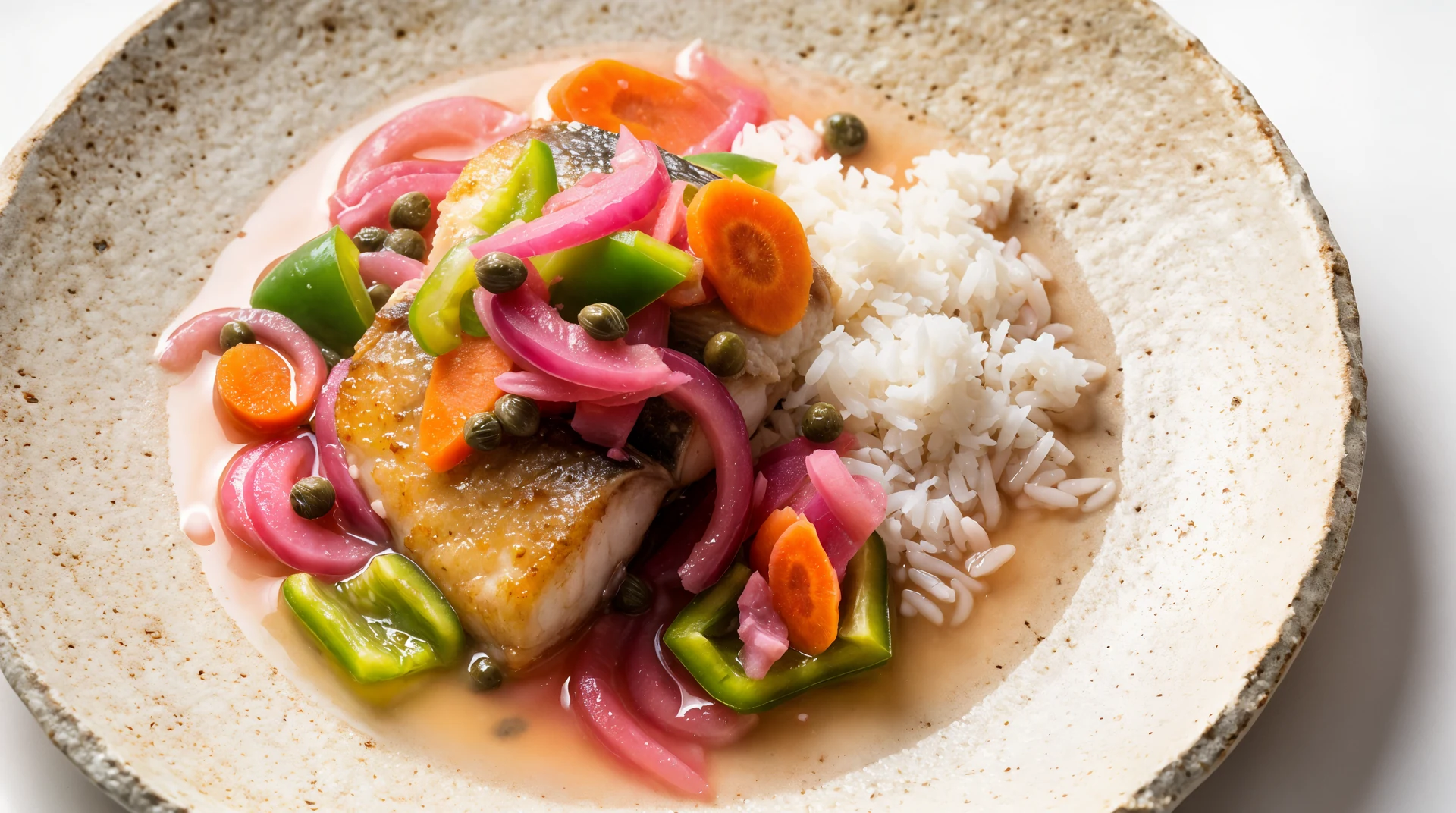 Golden peacock bass escabeche with pickled onions, peppers, carrots, capers, and citrus