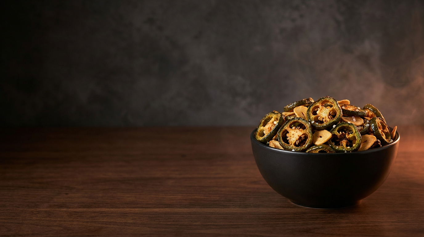 Crispy fried jalapeño rings with golden garlic chips and salt in a matte-black serving bowl