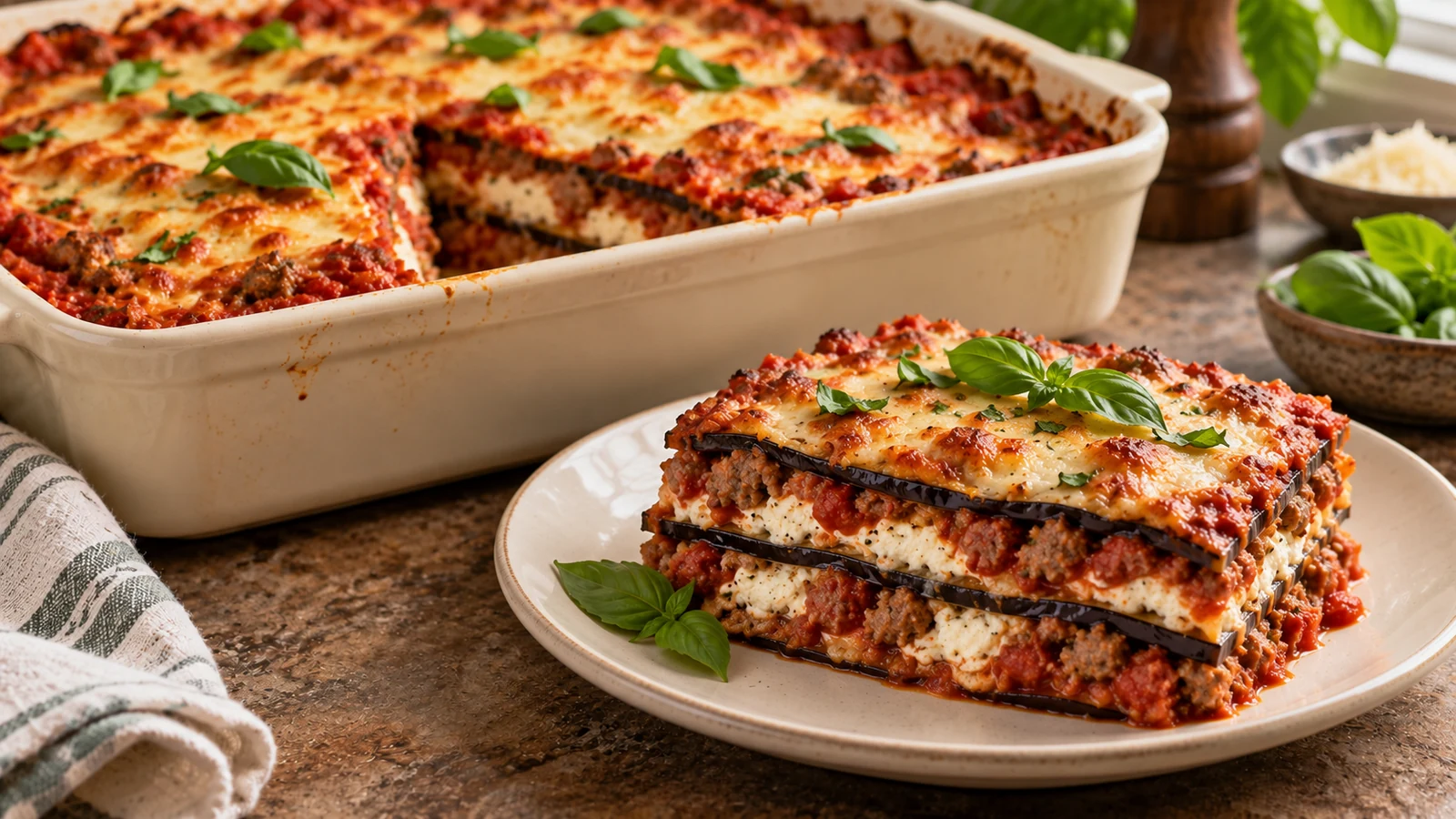 Original AI-generated illustration of a slice of roasted-eggplant lasagna with purple skin edges, Italian sausage crumbles, thick tomato sauce, ricotta, browned melted cheese and basil beside a baking dish; no pasta noodles