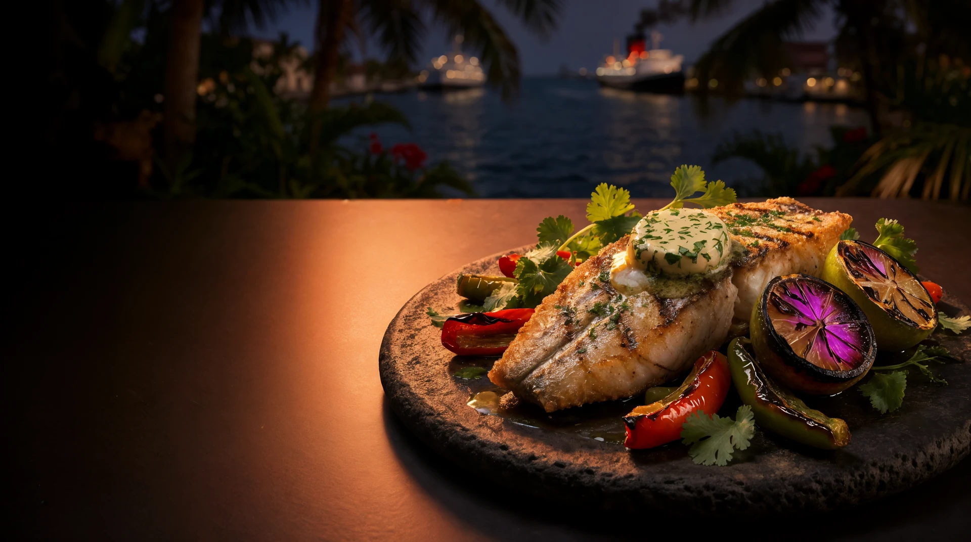 Grilled snook fillets with charred lime, garlic butter, peppers, and herbs on a dark platter