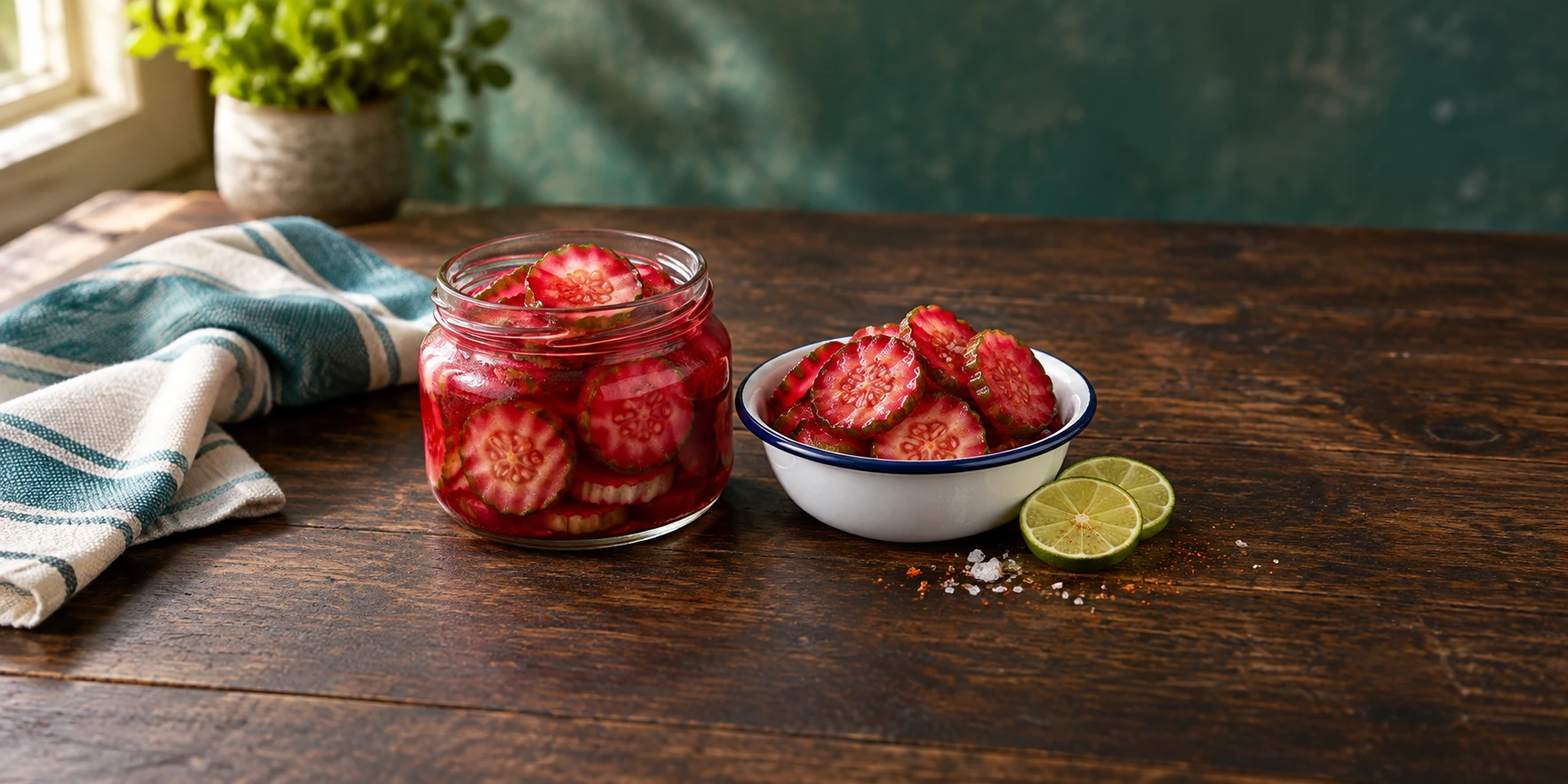 Ruby-red fruit-punch Kool-Aid dill pickle chips in a glass jar and enamel bowl with lime and chile