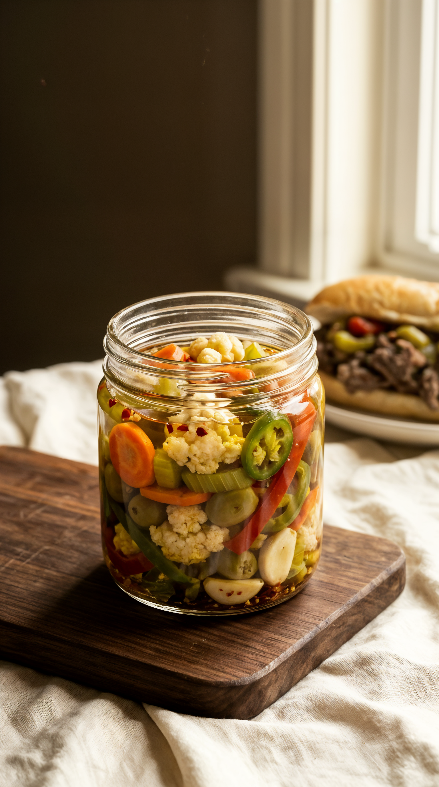 Jar of colorful homemade hot giardiniera with cauliflower, peppers, celery, olives, carrots, and serrano peppers