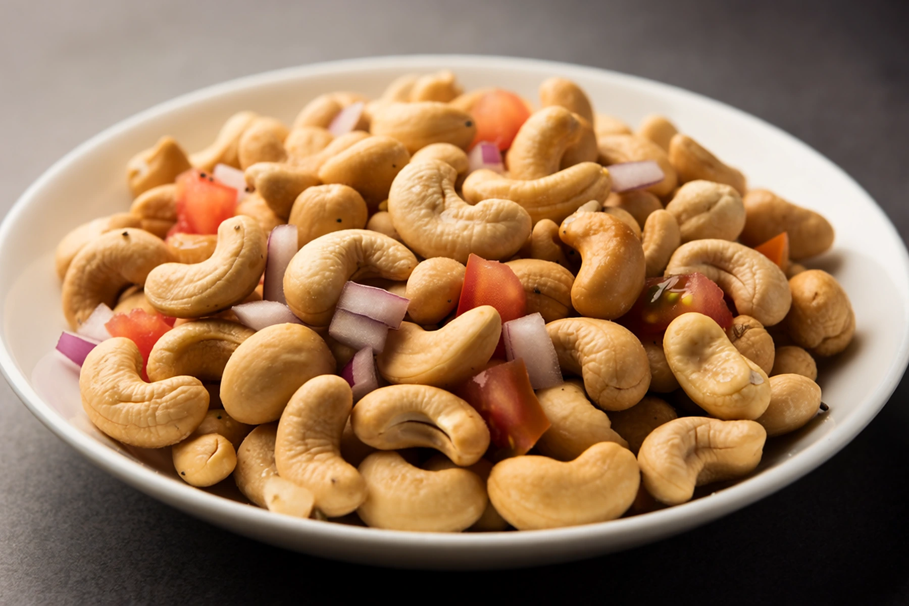 Masala kaju chaat with toasted cashews, diced red onion, and tomato in a white ceramic bowl