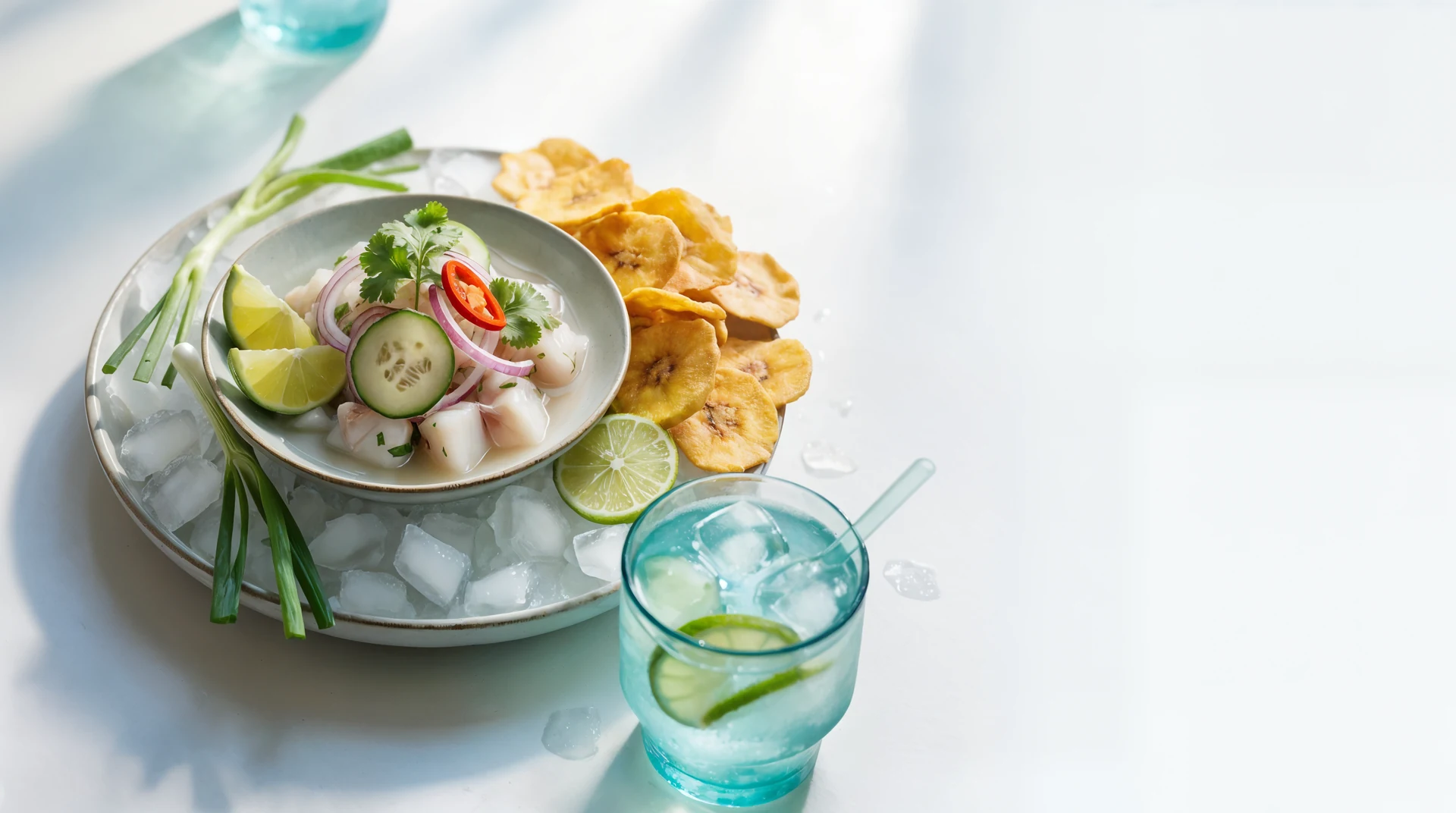 Snook ceviche with lime, red onion, cucumber, avocado, cilantro, and ají chombo