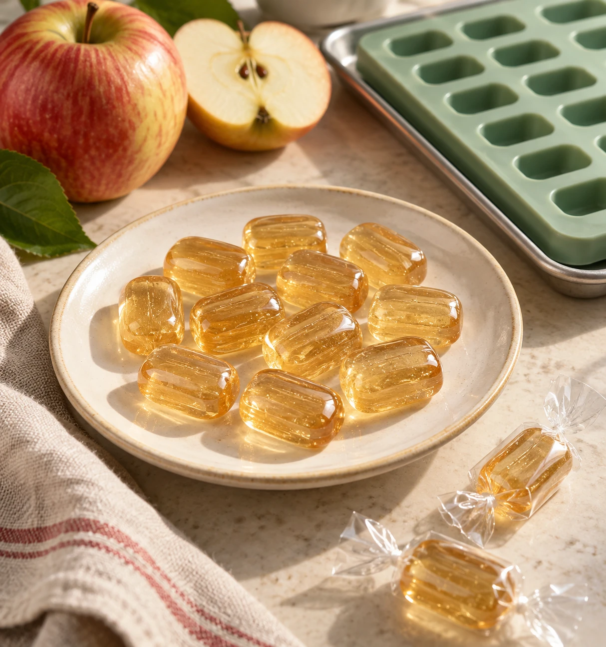 Original AI-generated illustration of translucent golden rounded-rectangle hard candies on an ivory plate, two clear-wrapped candies, apples and a silicone mold on a metal tray; not a photograph of a tested batch