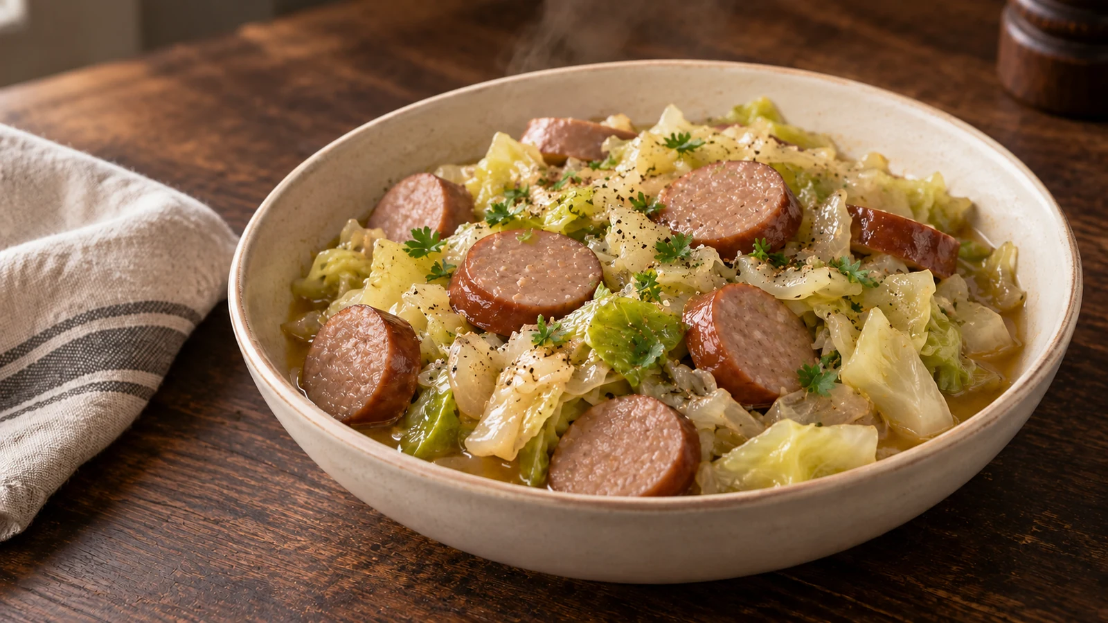 Original AI-generated illustrative food image of sliced smoked beef sausage with tender green cabbage, translucent onion, light broth, black pepper and parsley in an ivory bowl