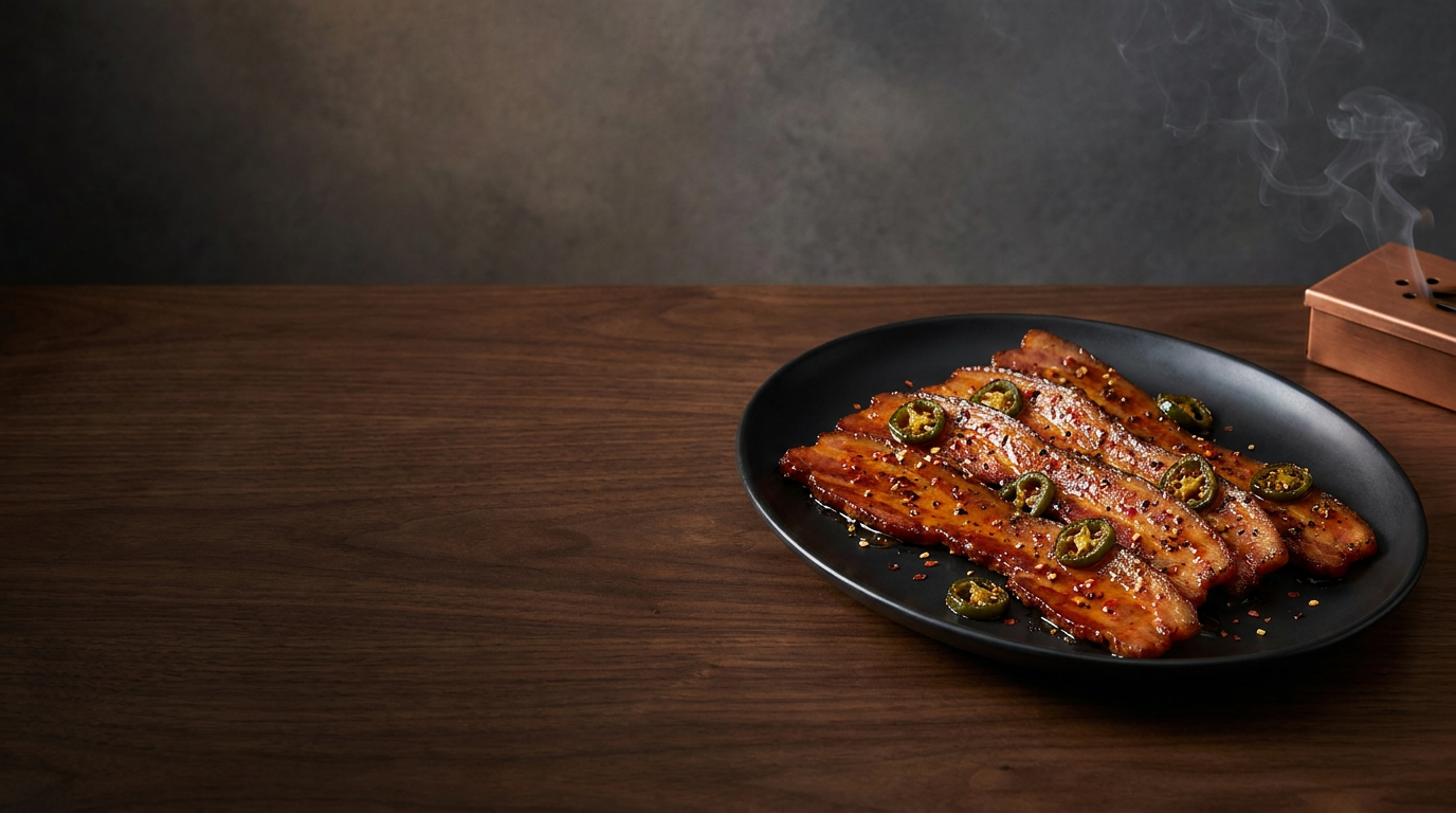 Six glossy spicy candied bacon strips topped with roasted jalapeño rounds on a black platter