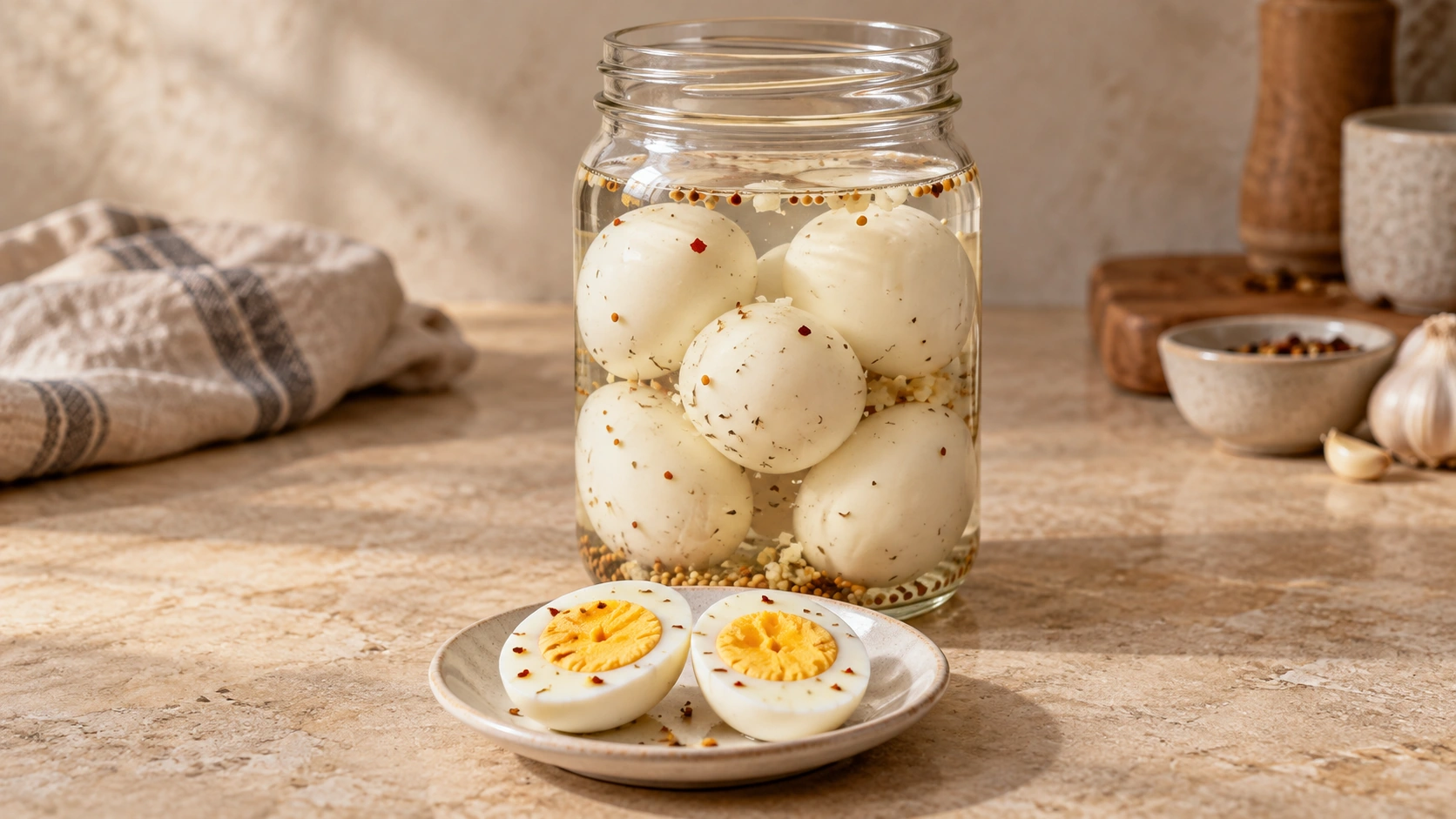 Original AI-generated illustrative artwork of intact white hard-boiled eggs fully submerged in a glass jar of clear chili-dill brine with tiny chili flakes and mustard seeds, beside a cut egg with a firm yellow yolk on an ivory plate; not a photograph of a tested batch