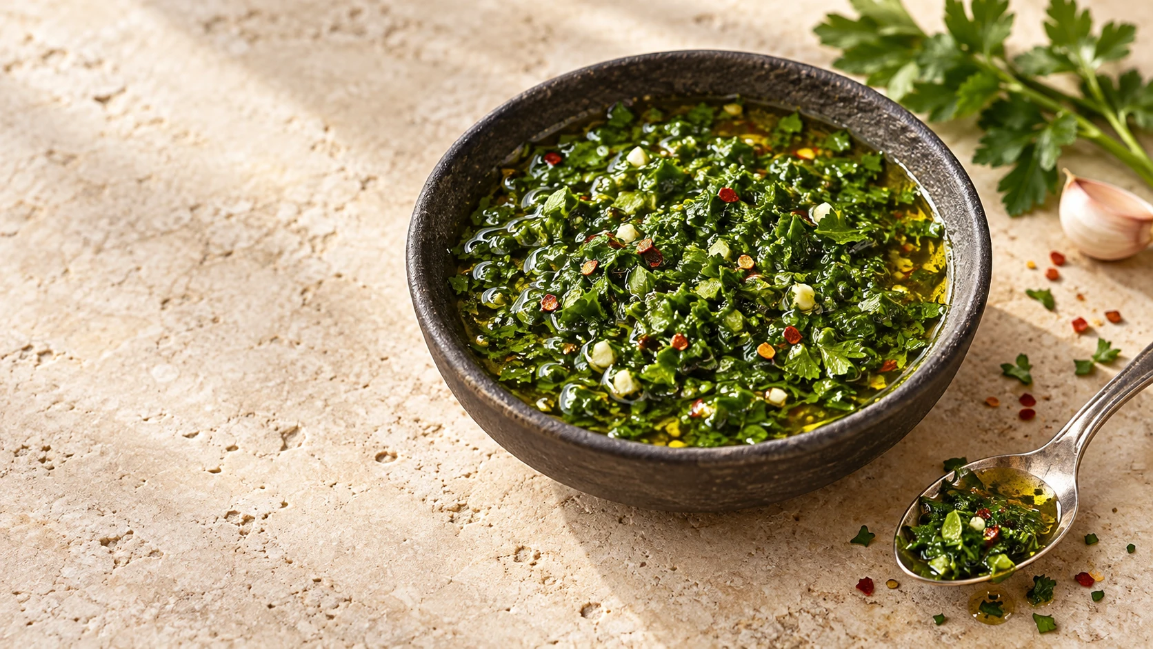 AI-generated illustrative food art of hand-chopped green parsley chimichurri with tiny garlic pieces and red chile flakes in glossy translucent olive oil, in a dark ceramic bowl beside a spoon on warm stone; not a photograph of a tested batch