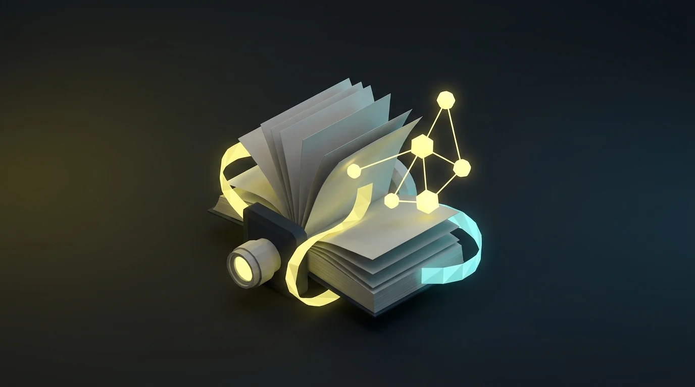 Text-free sculptural book and optical scanner transforming pages into an organized yellow and cyan knowledge network.
