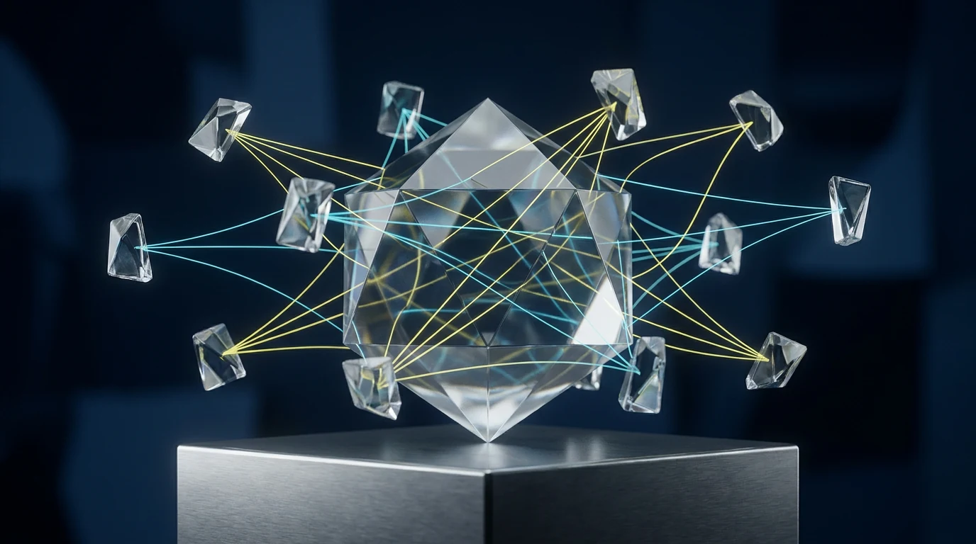 Abstract crystal evidence archive connected to individual source prisms by yellow and cyan light paths.