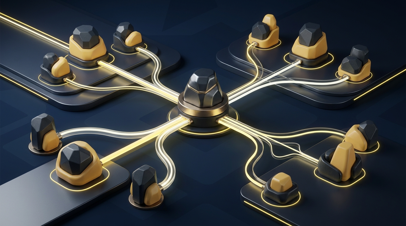 Graphite and yellow processing nodes connected to a central routing hub