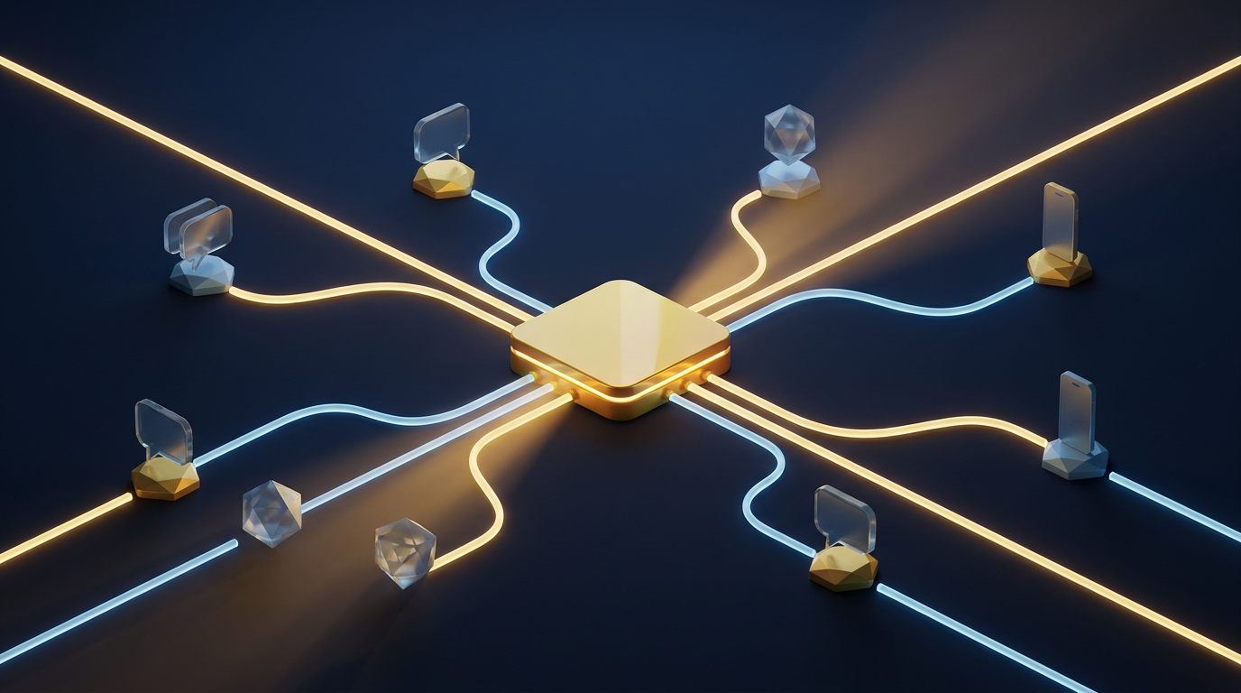 Abstract golden messaging hub connecting secure communication nodes