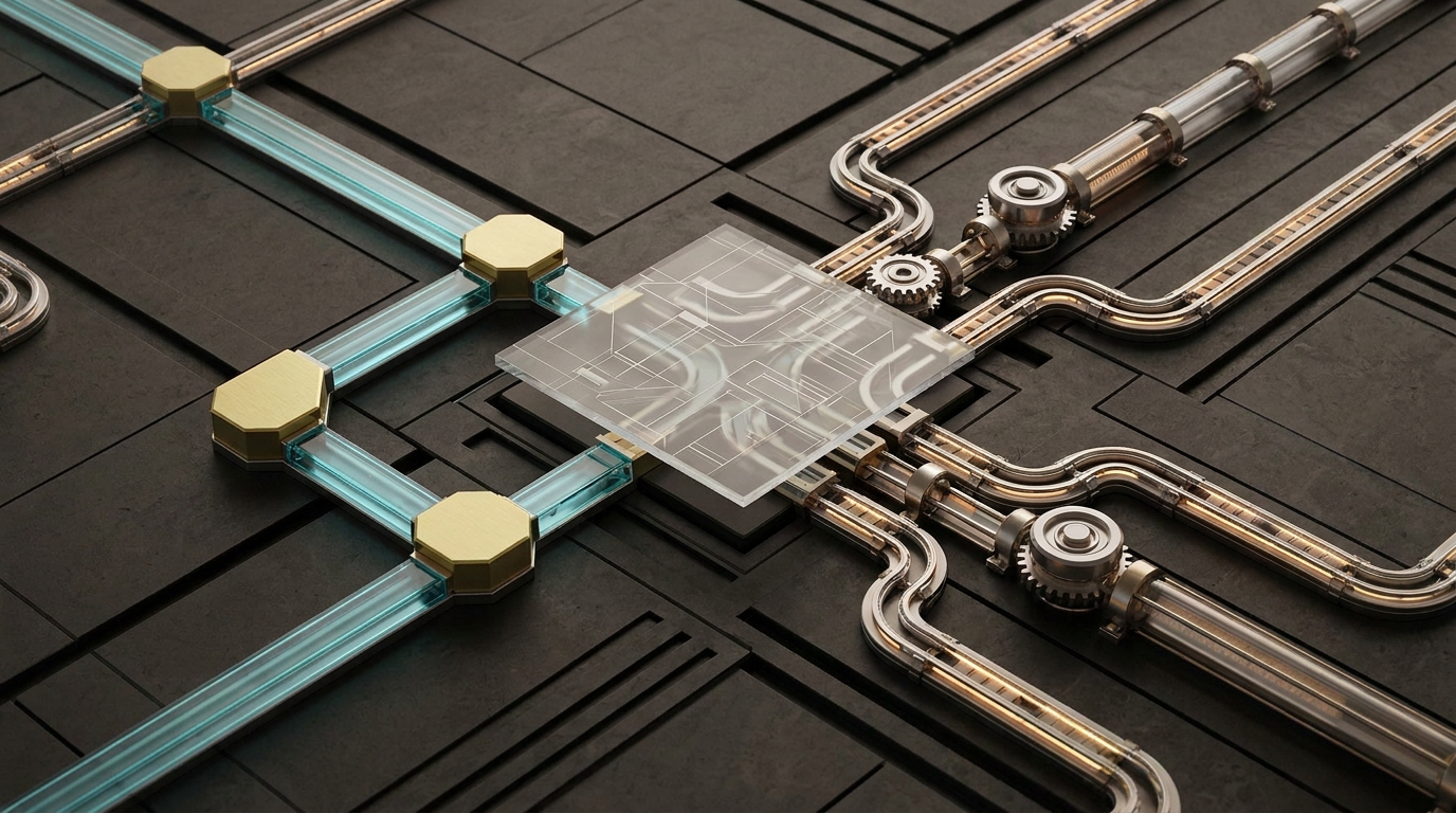 Modular golden and cyan workflow pieces assembling into a precise automated route