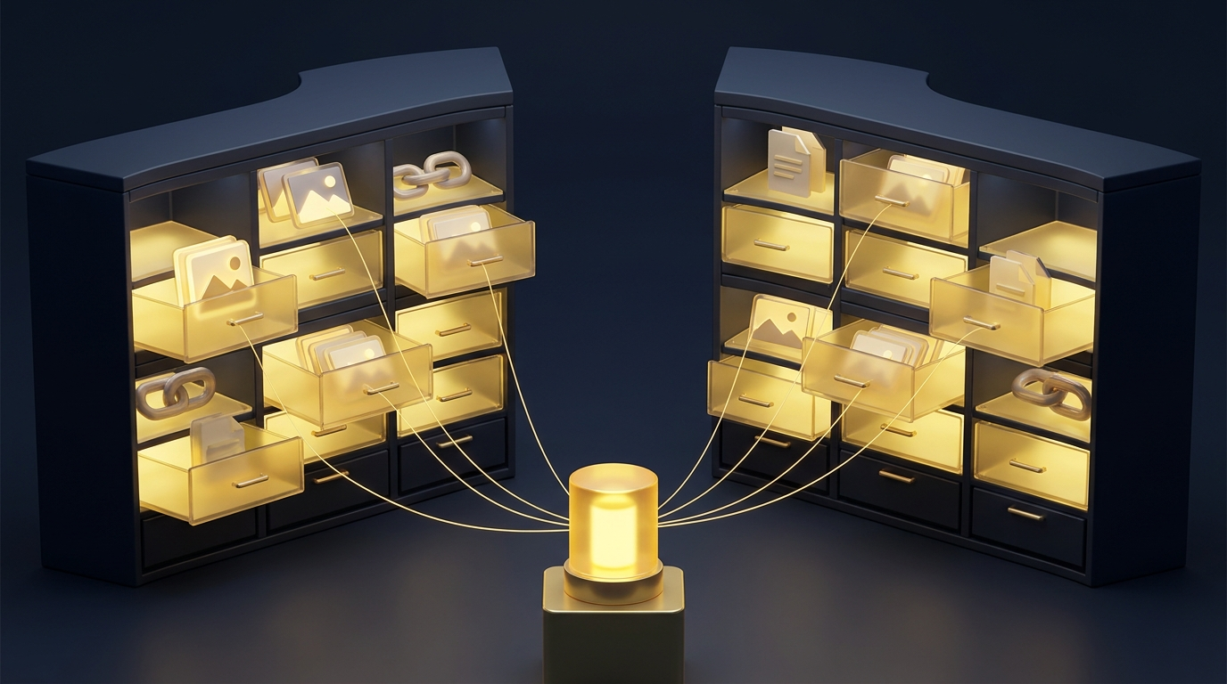 A glowing physical archive links organized image, document, and link artifacts to a central provenance beacon.