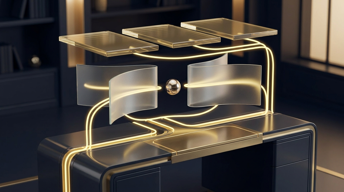 Three translucent work slabs and two curved side panes connect through luminous paths around a central helper orb.