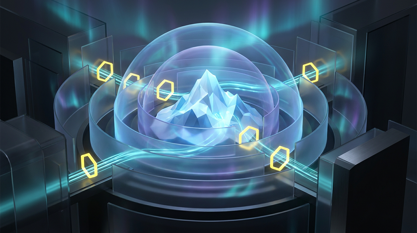 A faceted Rocky mountain core protected by layered translucent policy shields and yellow verification gates.