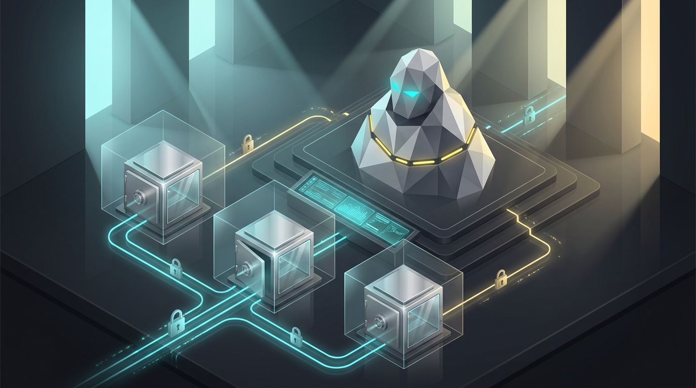 Rocky supervising three protected vault nodes through a controlled orchestration layer.