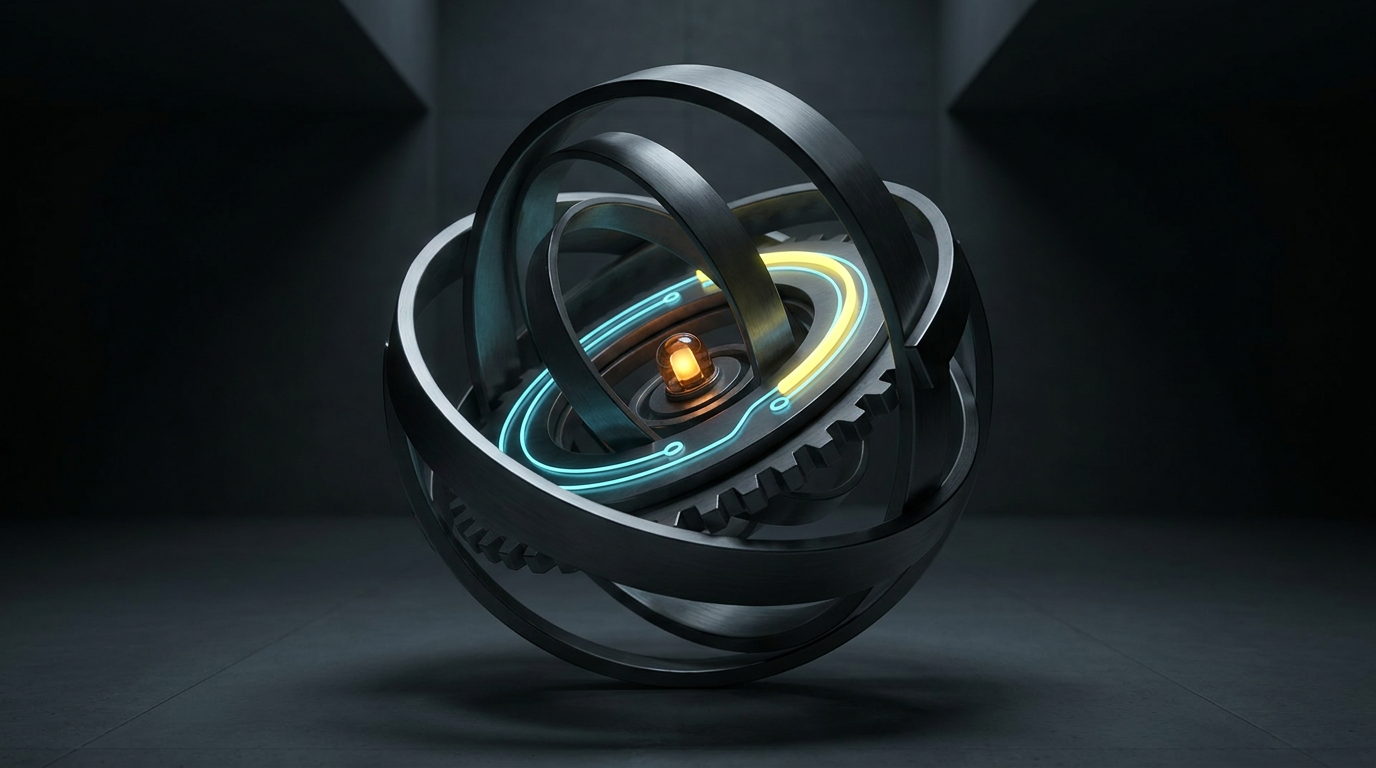 A text-free sculptural timing mechanism with concentric metal rings, a yellow pulse path, and a calm central beacon.
